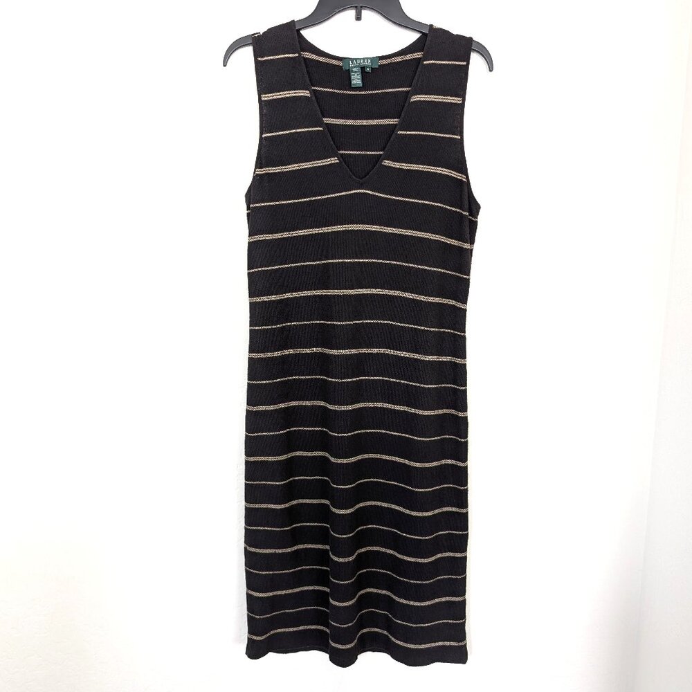LAUREN RALPH LAUREN Dress M Black Tan Striped‎ Linen Blend Classic Pullover